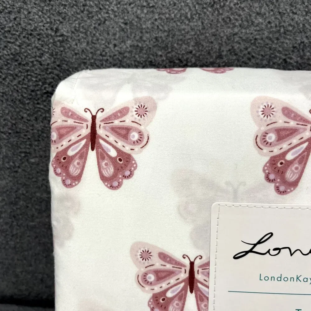 London Kaye TWIN XL Sheet Set White Pink Butterfly 4pc‎